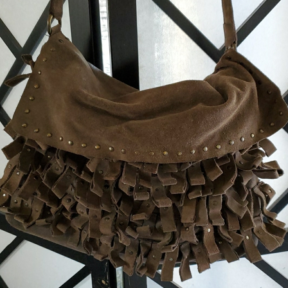 Brown suede fringe purse both sides